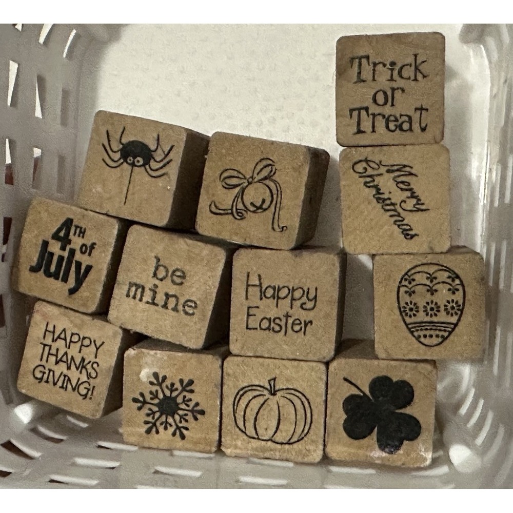 Lot 12 mini rubber/wood stamps-Halloween,St Patrick's,Easter,July 4th,Snowflake